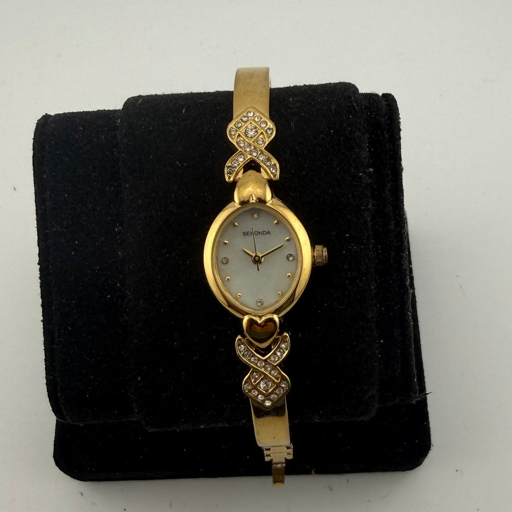 Sekonda Ladies Gold Tone Quartz Watch Crystal Set Heart Bracelet Fully Tested and Working- £12.00