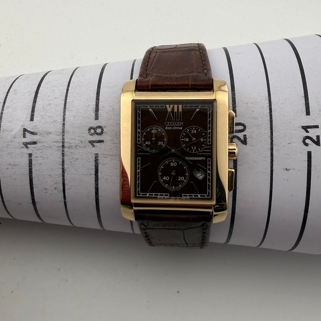 Citizen Eco-Drive H501-S077929 Gold Tone Rectangular Chronograph Brown Dial 33mm – Boxed- £120.00