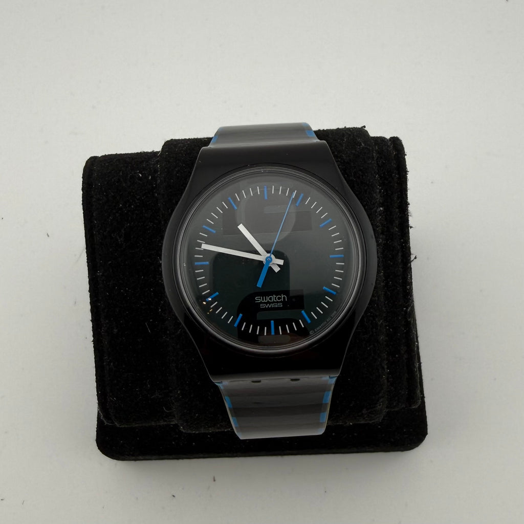 Swatch Swiss Black Blue Dial Silicone Strap Quartz Watch 38mm 2008 Fully Tested and Working-£15.00