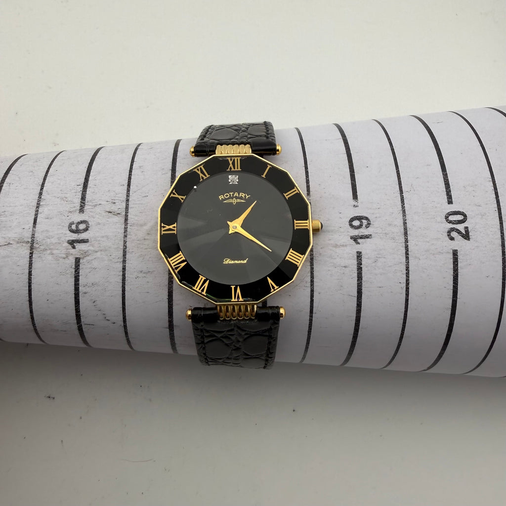 Vintage Rotary Diamond Black Dial Gold Tone Quartz Watch Fully Tested and Working- £40.00