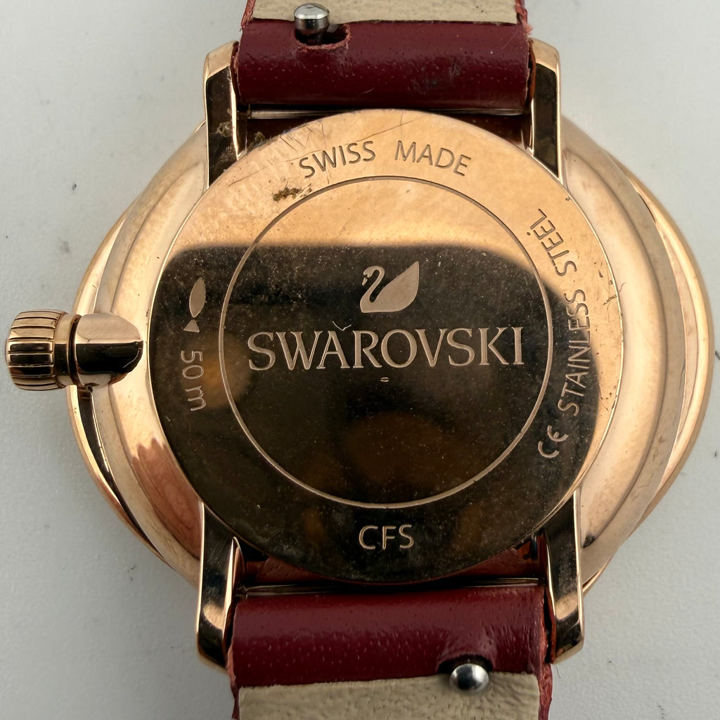 Swarovski Ladies Swiss Made Crystal Rose Gold Red Leather Watch Fully Tested and Working- £130.00