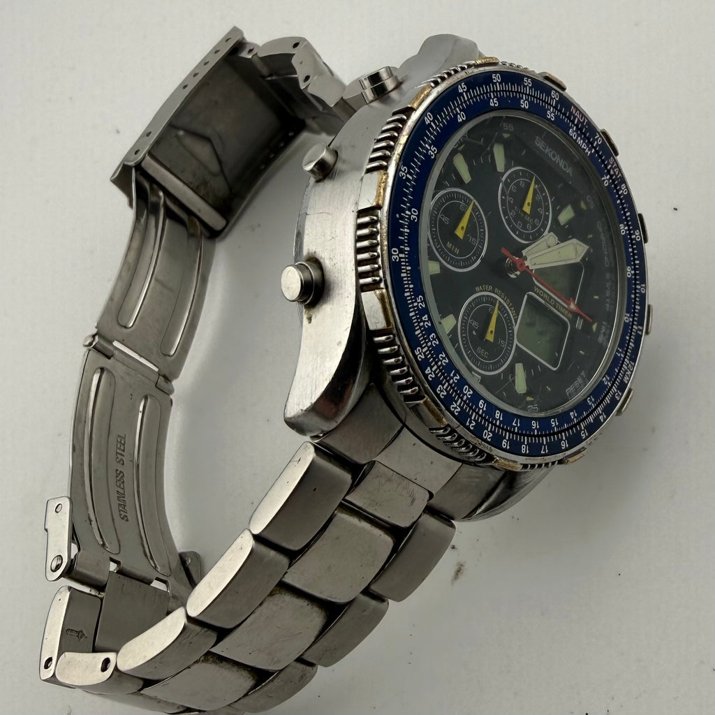 SEKONDA 3850 BKT World Timer Ana-Digi Chronograph Watch 46mm (Fully Tested and working)- £110.00