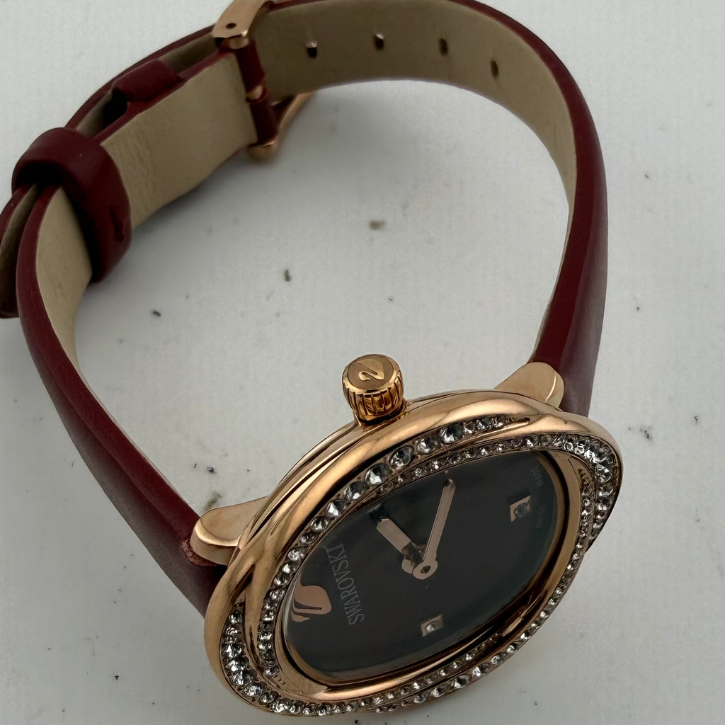Swarovski Ladies Swiss Made Crystal Rose Gold Red Leather Watch Fully Tested and Working- £130.00