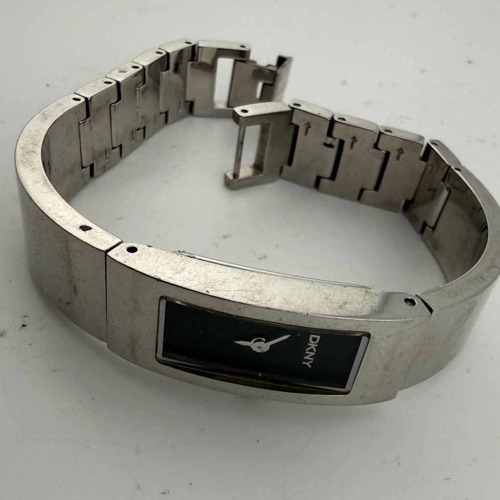 DKNY Ladies Silver Tone Black Dial Bangle Bracelet Quartz Watch Fully Tested and Working- £20.00