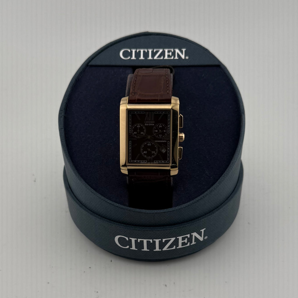 Citizen Eco-Drive H501-S077929 Gold Tone Rectangular Chronograph Brown Dial 33mm – Boxed- £120.00