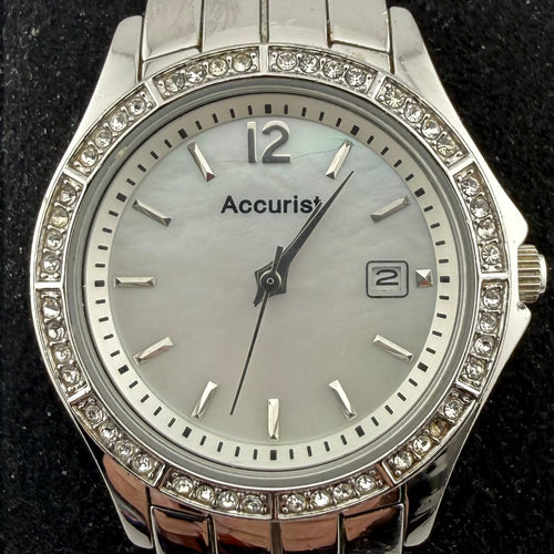 Accurist Ladies Mother of Pearl Style Dial Crystal Bezel Date Watch Fully Tested and Working
