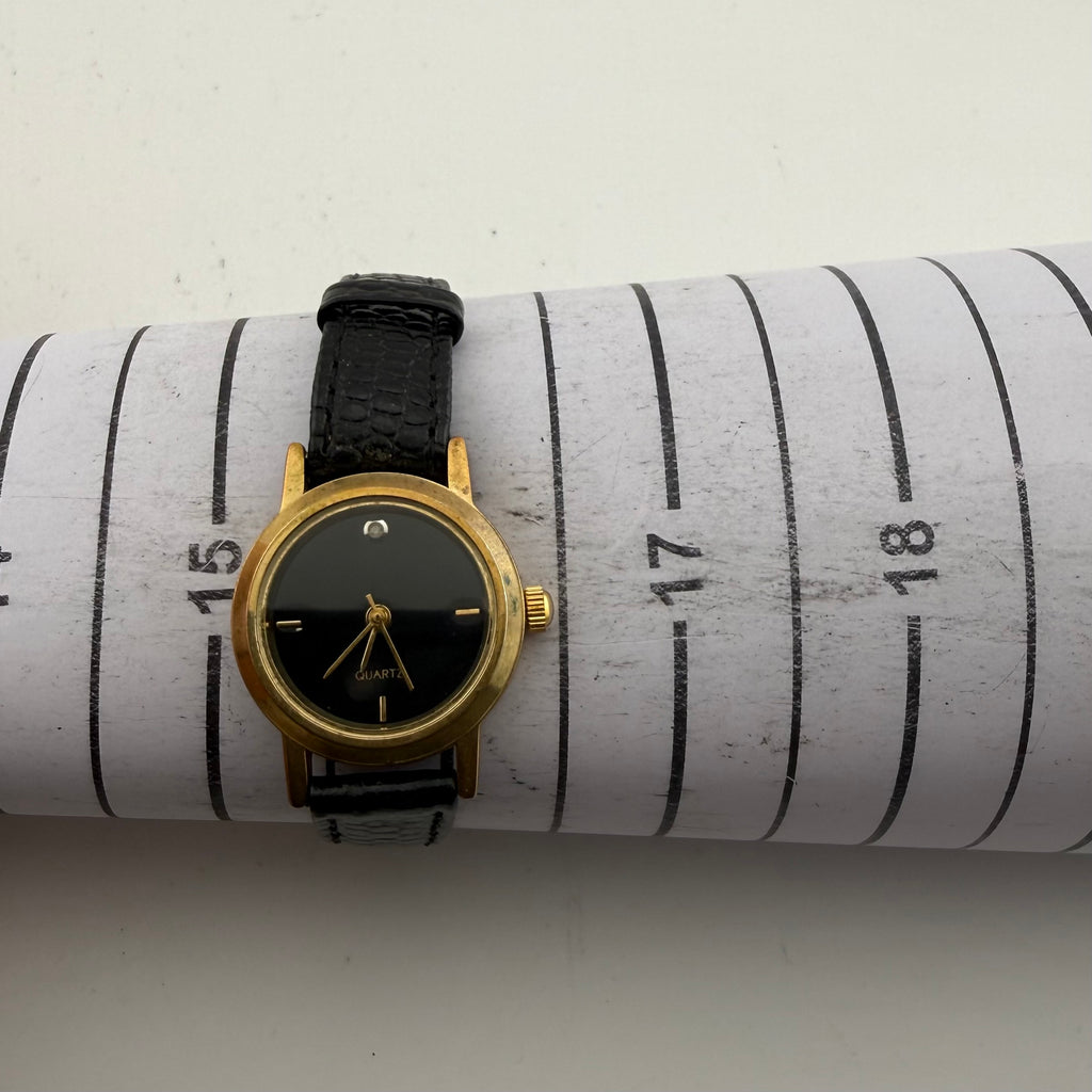 SKC Ladies Gold Tone Quartz Watch Black Dial Stone Set Fully Tested and Working- £10.00