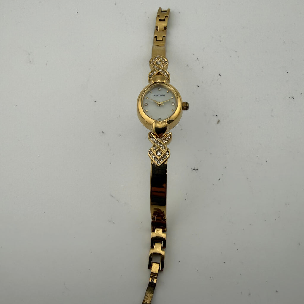 Sekonda Ladies Gold Tone Quartz Watch Crystal Set Heart Bracelet Fully Tested and Working- £12.00