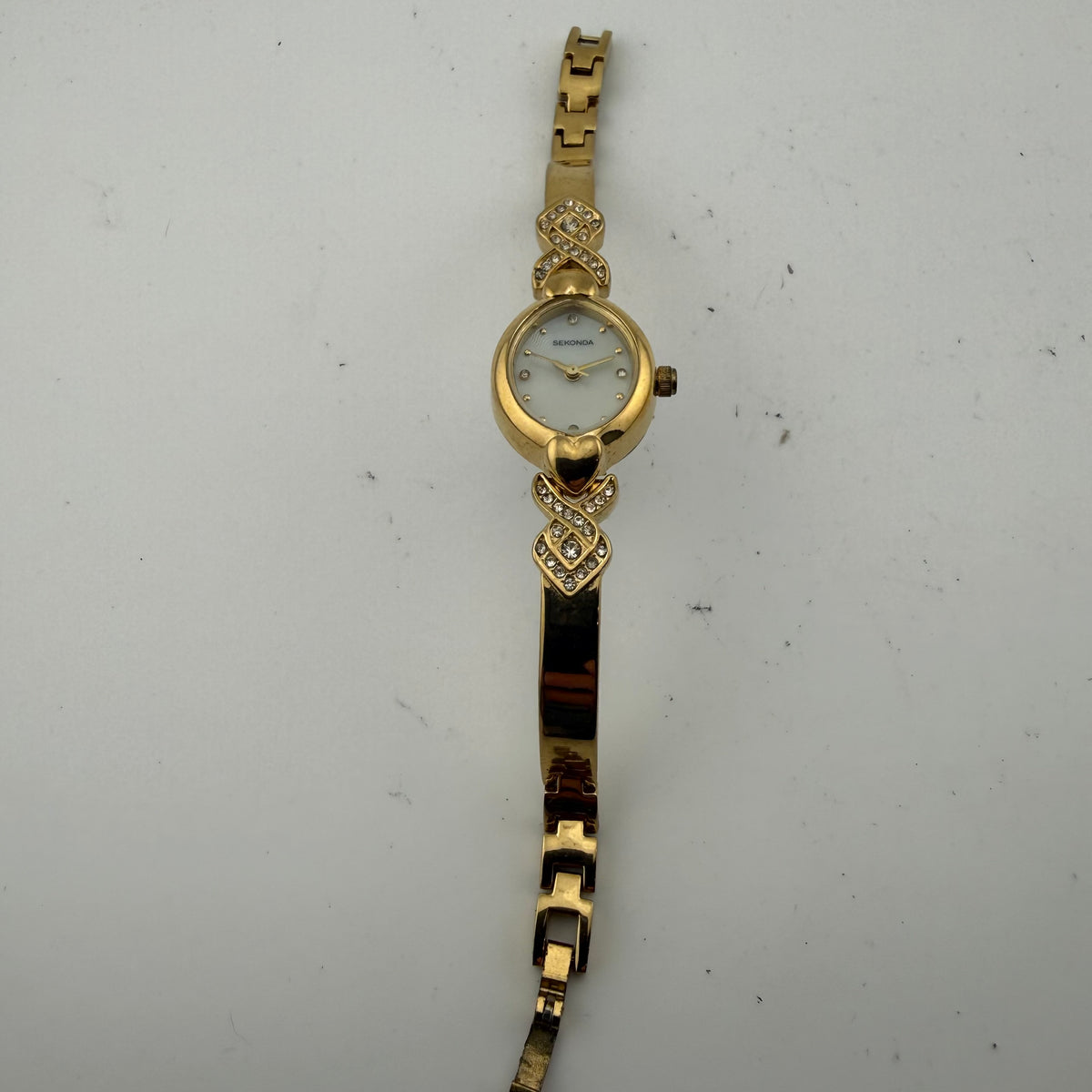 Sekonda Ladies Gold Tone Quartz Watch Crystal Set Heart Bracelet Fully Tested and Working- £12.00
