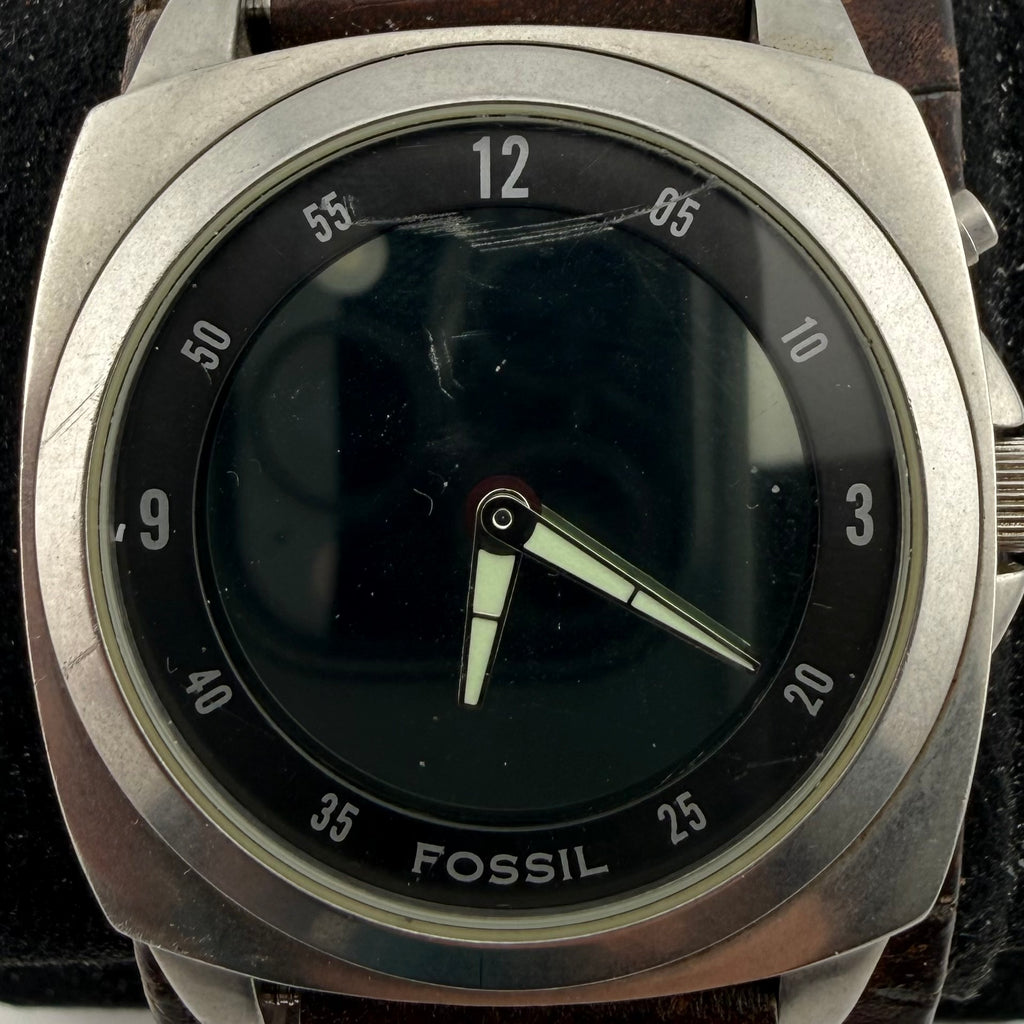 Fossil Men’s Retro Black Dial Wide Brown Leather Cuff Watch 43mm (Fully Tested and working)- £35.00