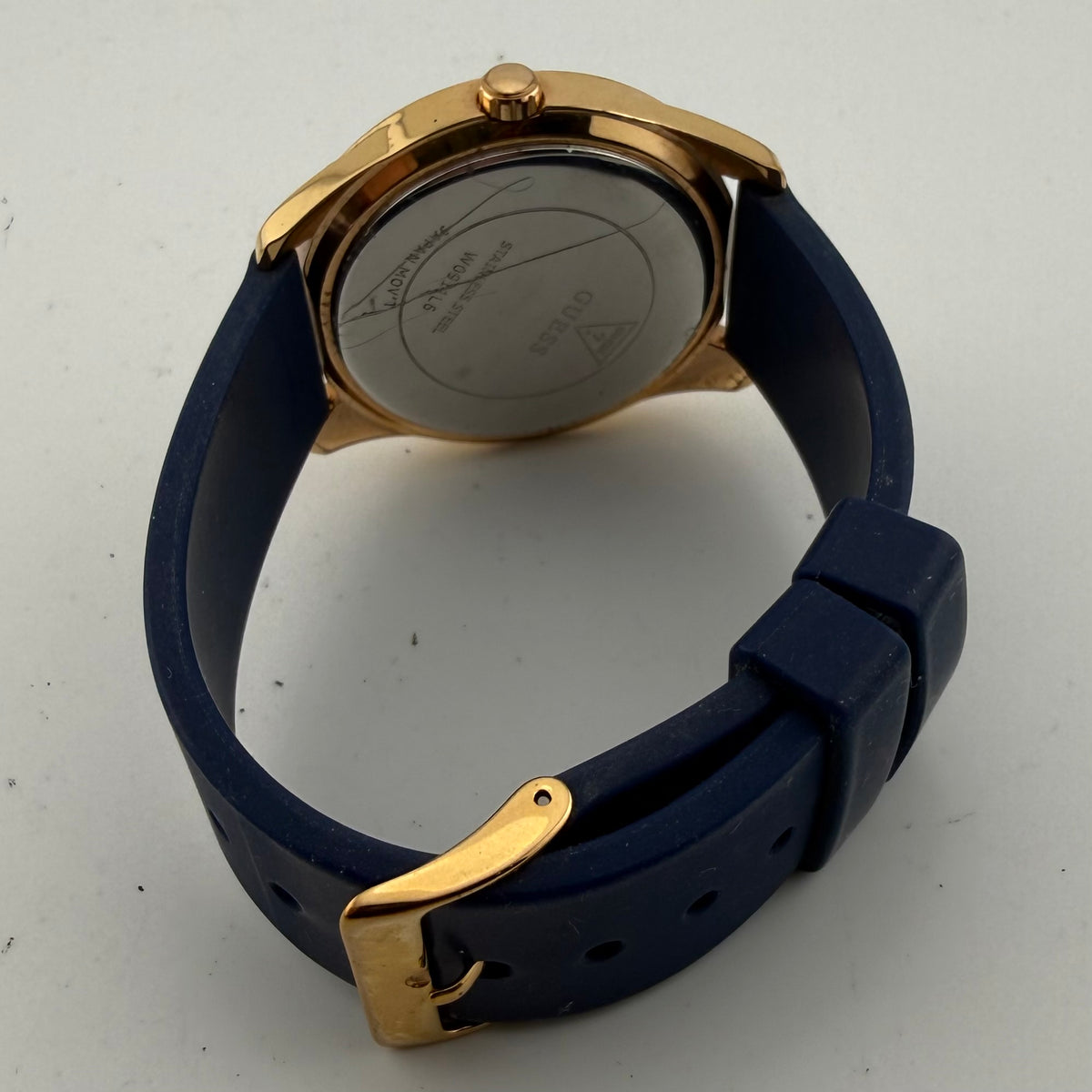 Guess G-Twist W0911L6 Ladies Rose Gold Tone Logo Watch Blue Silicone Strap- £45.00