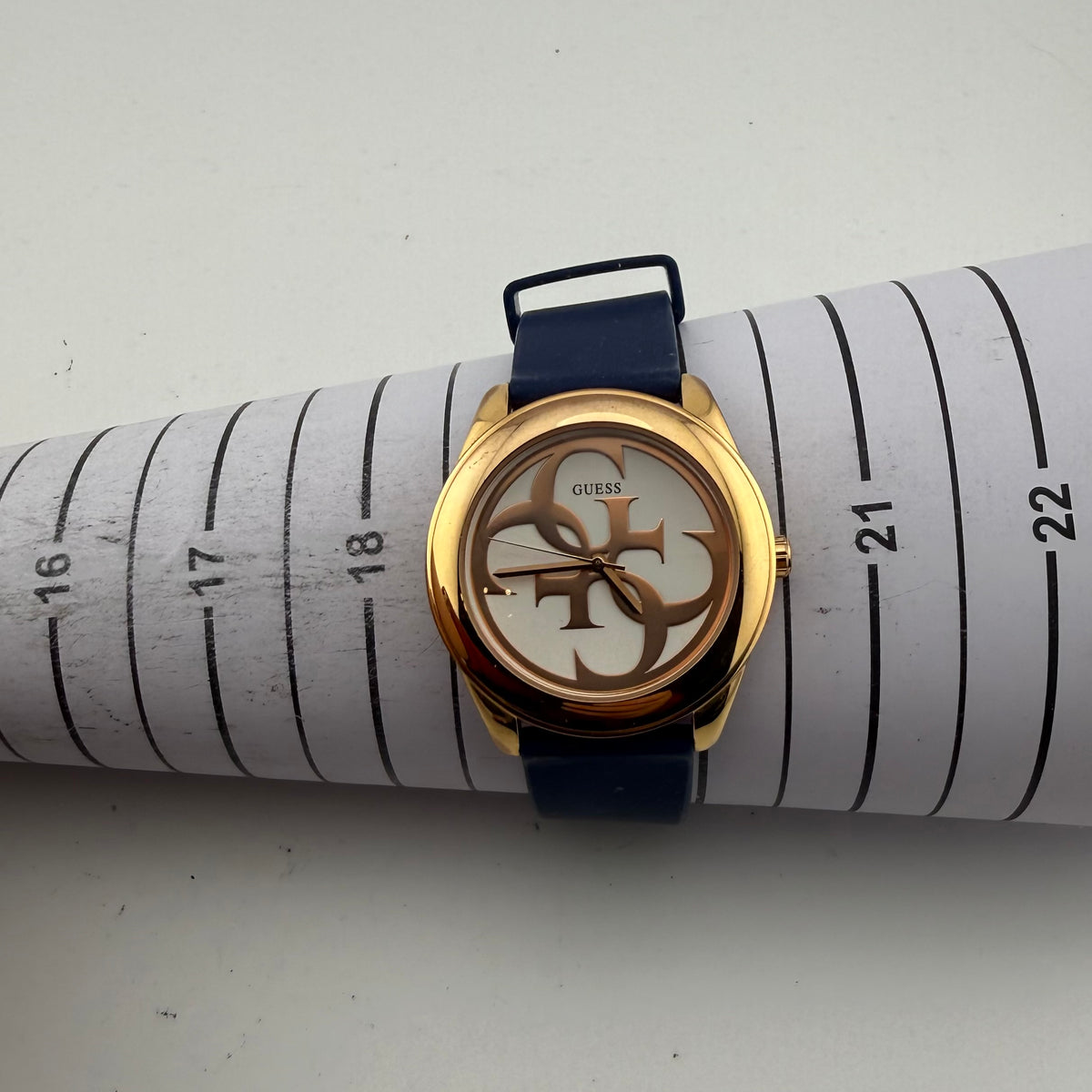Guess G-Twist W0911L6 Ladies Rose Gold Tone Logo Watch Blue Silicone Strap- £45.00