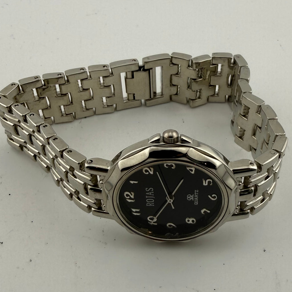 Rojas Quartz Gents Black Dial Silver Tone Bracelet Watch Fully Tested And Working- £15.00