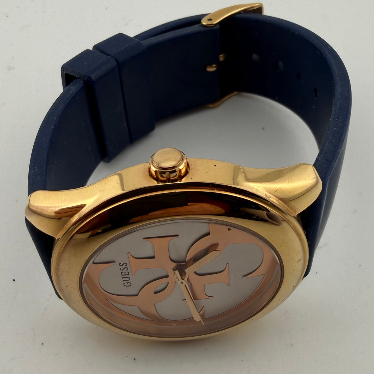 Guess G-Twist W0911L6 Ladies Rose Gold Tone Logo Watch Blue Silicone Strap- £45.00