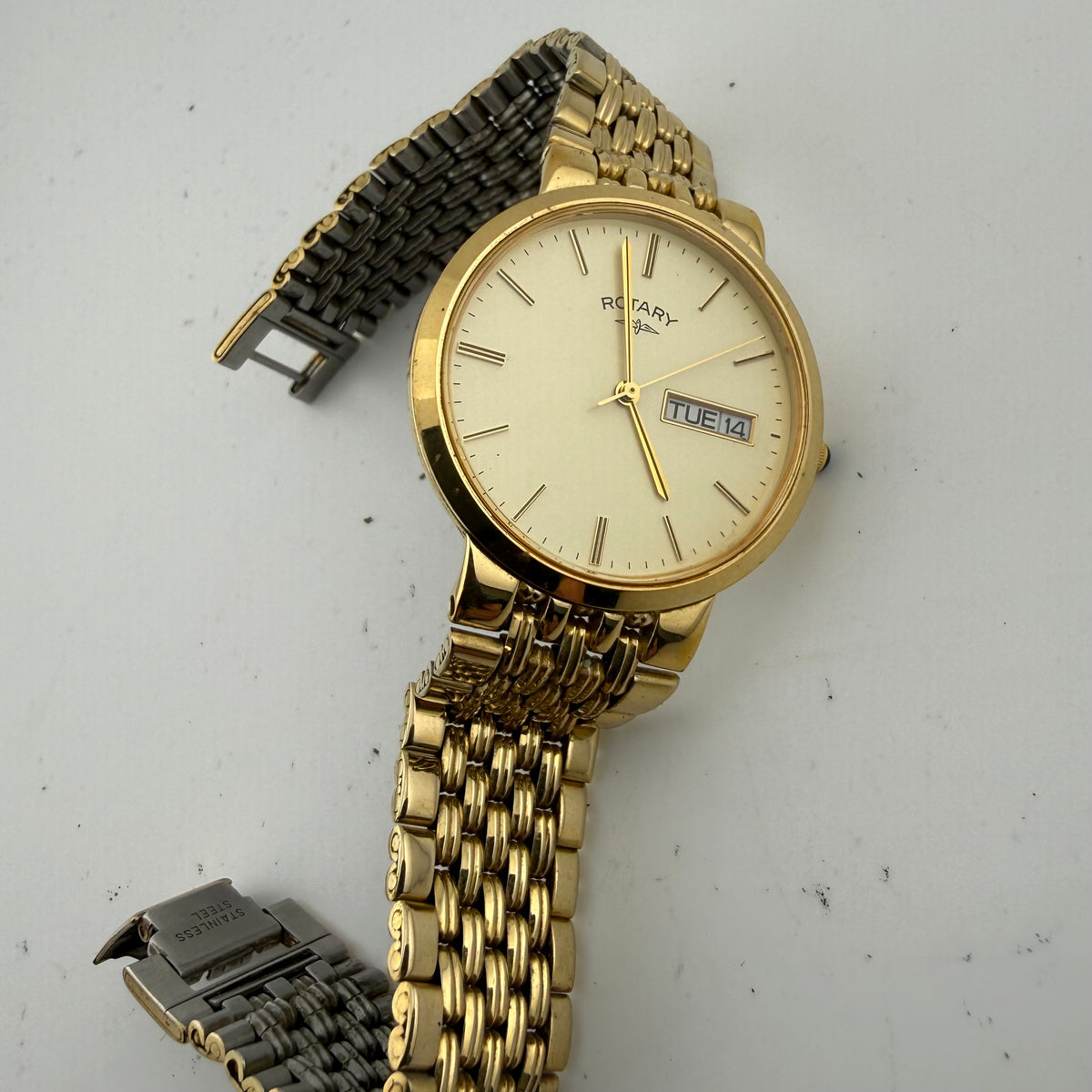 Rotary Gents Gold Plated Day Date Quartz Bracelet Watch G692 Fully Tested and Working- £35.00