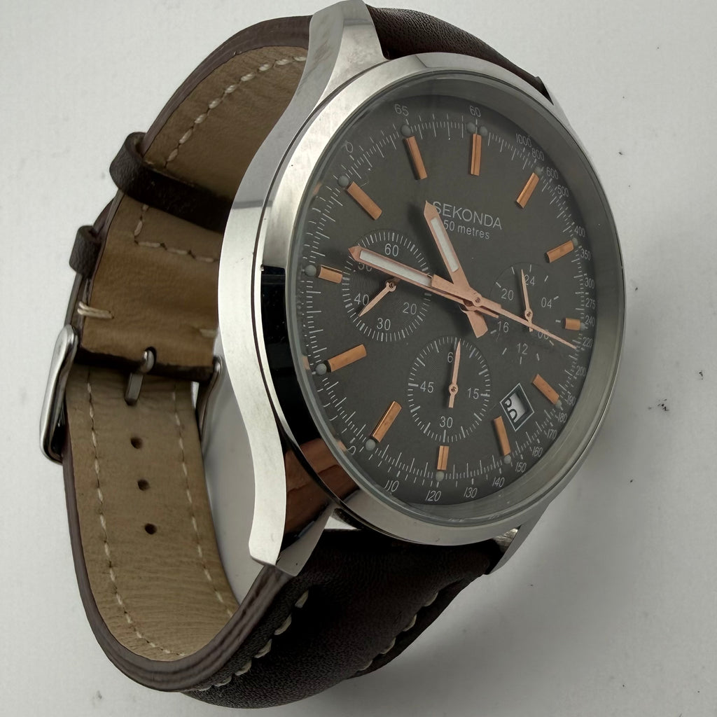 Sekonda 1490 CKX Men’s Chronograph Black Dial Brown Leather Watch 46mm (Fully Tested and working)- £35.00