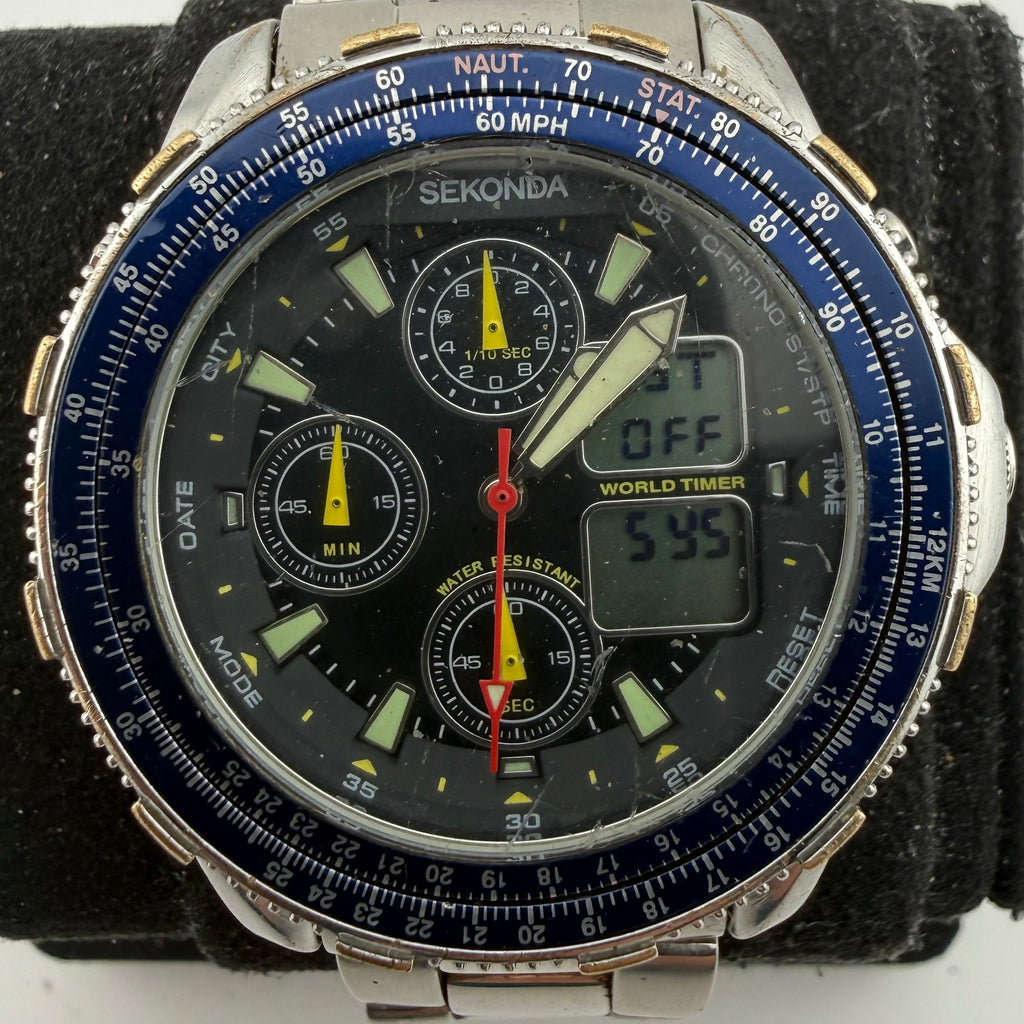 SEKONDA 3850 BKT World Timer Ana-Digi Chronograph Watch 46mm (Fully Tested and working)- £110.00