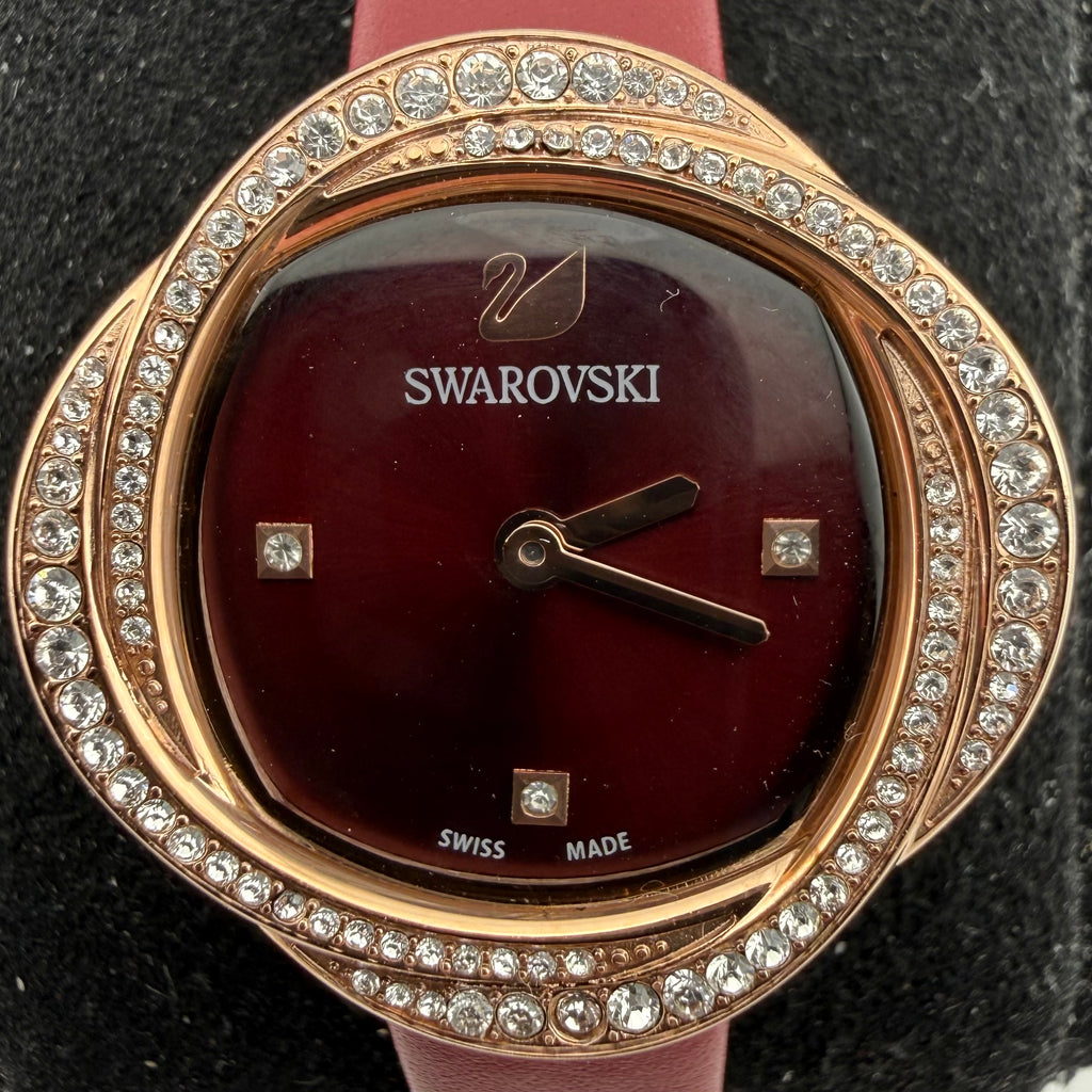 Swarovski Ladies Swiss Made Crystal Rose Gold Red Leather Watch Fully Tested and Working- £130.00