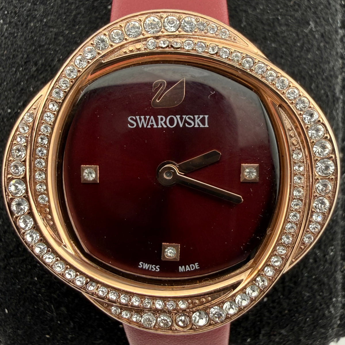 Swarovski Ladies Swiss Made Crystal Rose Gold Red Leather Watch Fully Tested and Working- £130.00