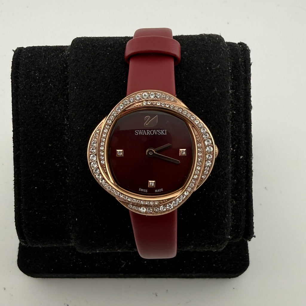 Swarovski Ladies Swiss Made Crystal Rose Gold Red Leather Watch Fully Tested and Working- £130.00