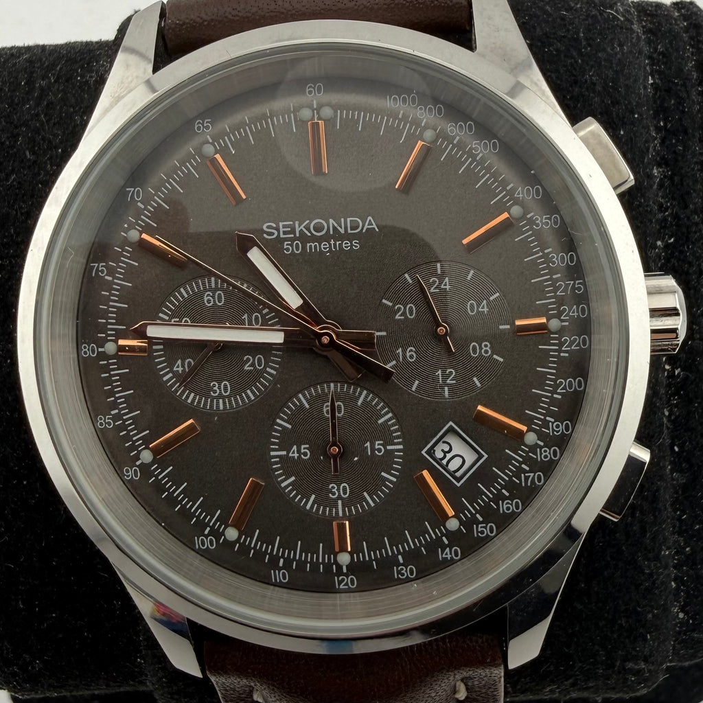 Sekonda 1490 CKX Men’s Chronograph Black Dial Brown Leather Watch 46mm (Fully Tested and working)- £35.00