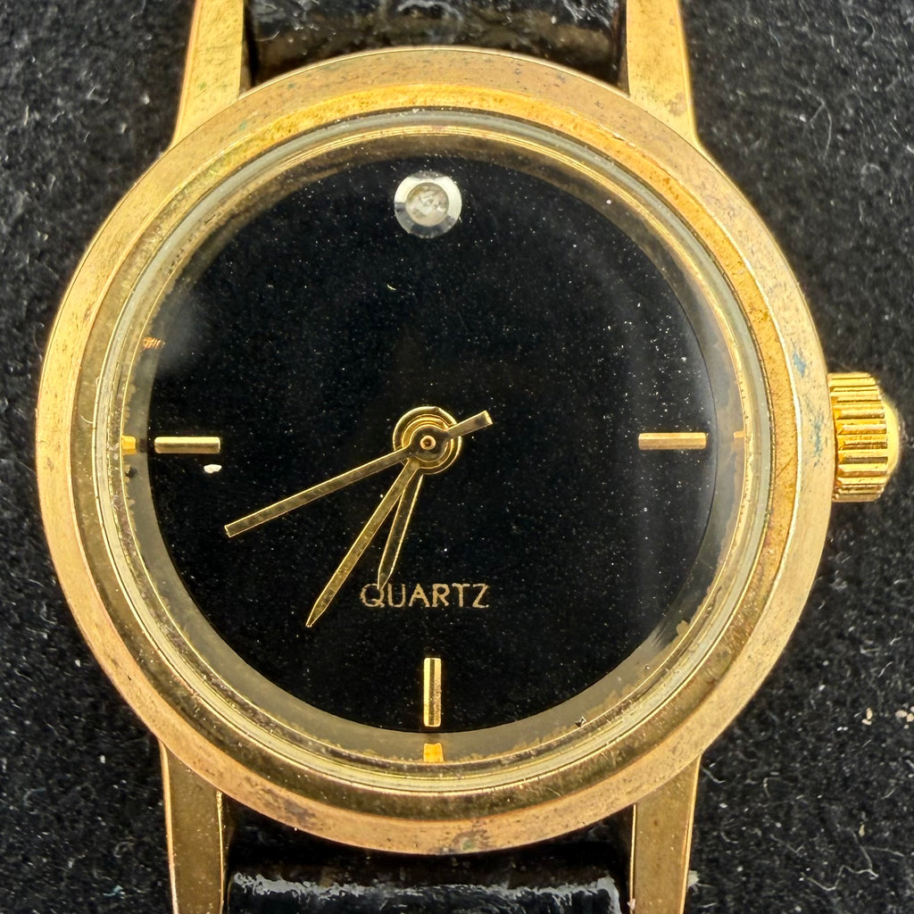 SKC Ladies Gold Tone Quartz Watch Black Dial Stone Set Fully Tested and Working- £10.00