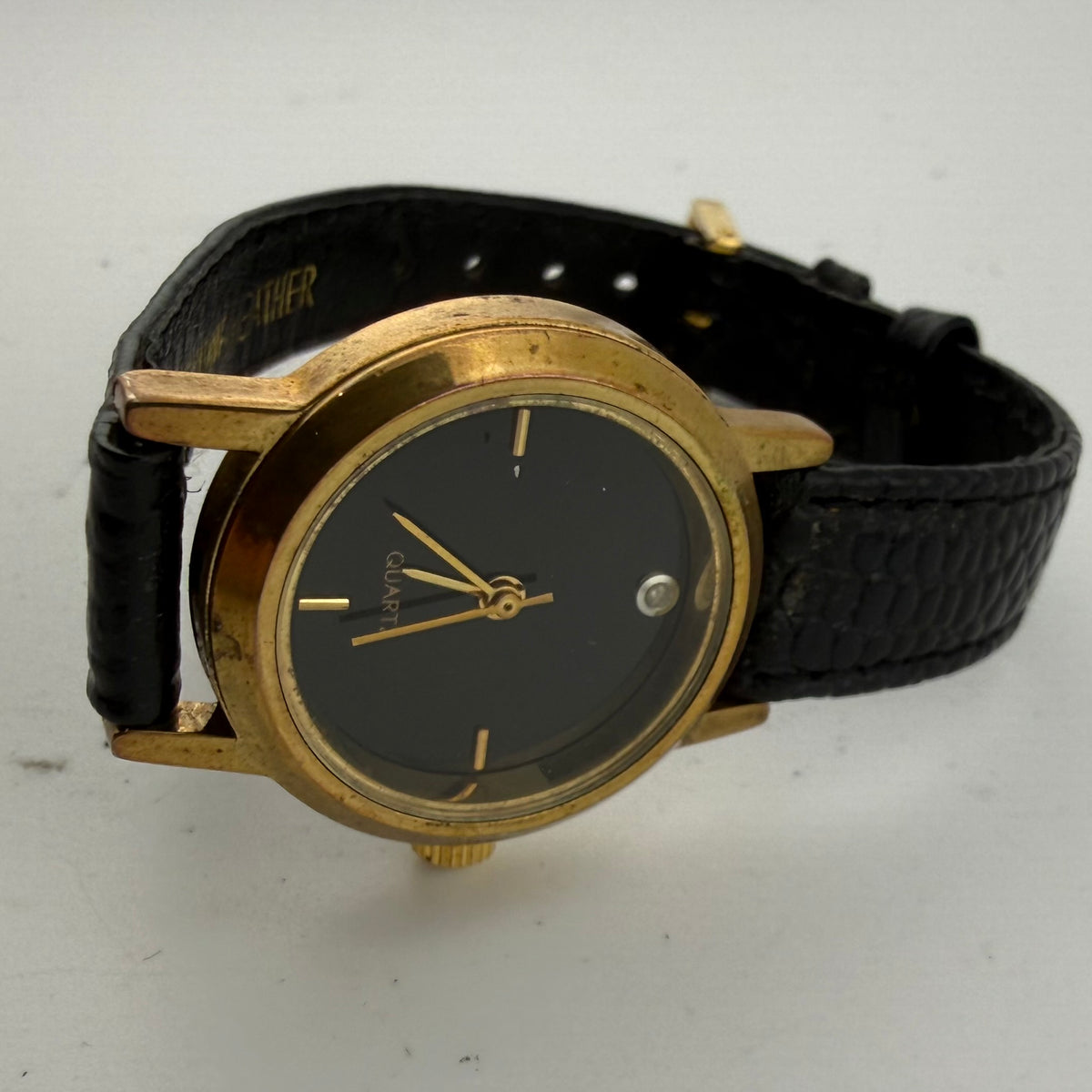 SKC Ladies Gold Tone Quartz Watch Black Dial Stone Set Fully Tested and Working- £10.00