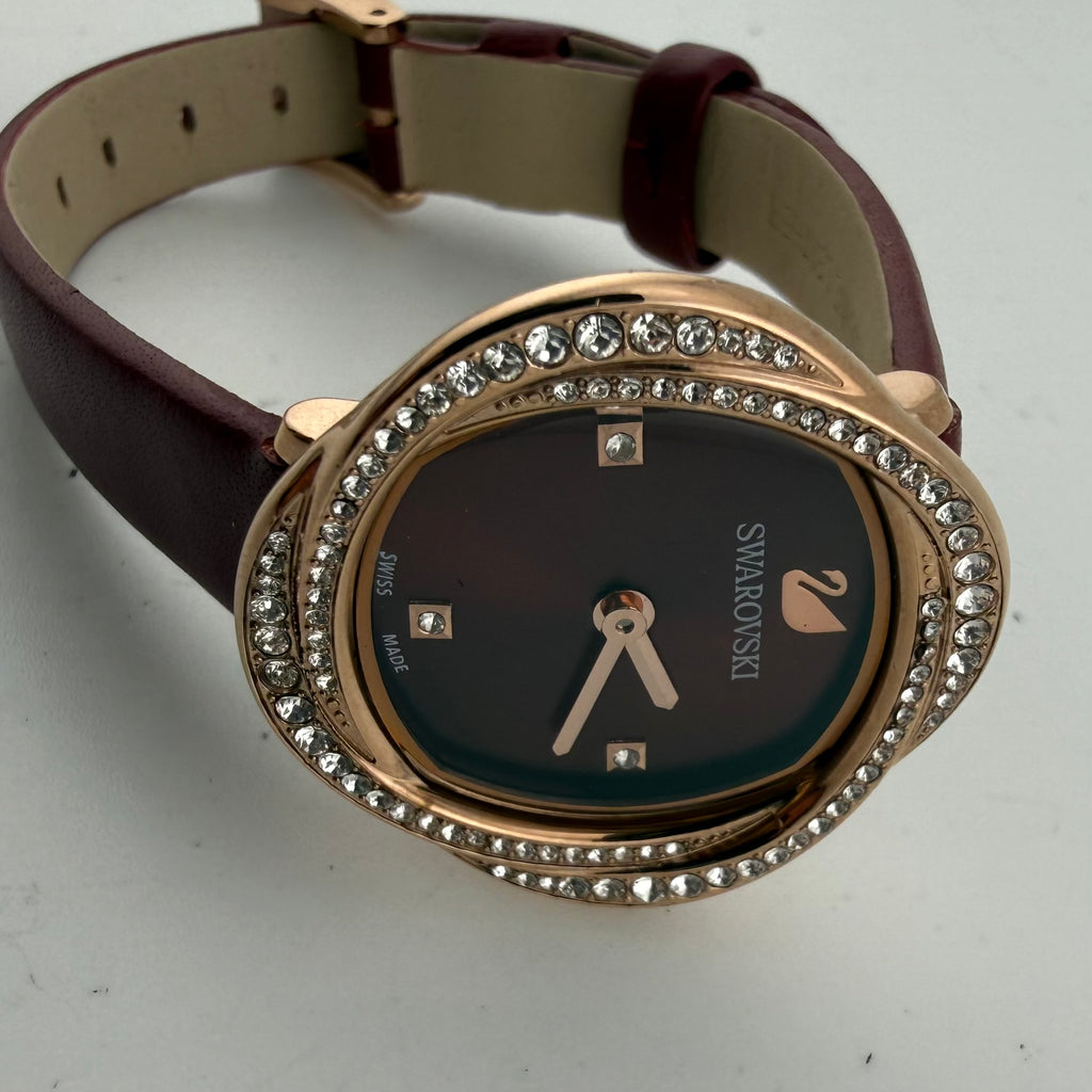 Swarovski Ladies Swiss Made Crystal Rose Gold Red Leather Watch Fully Tested and Working- £130.00