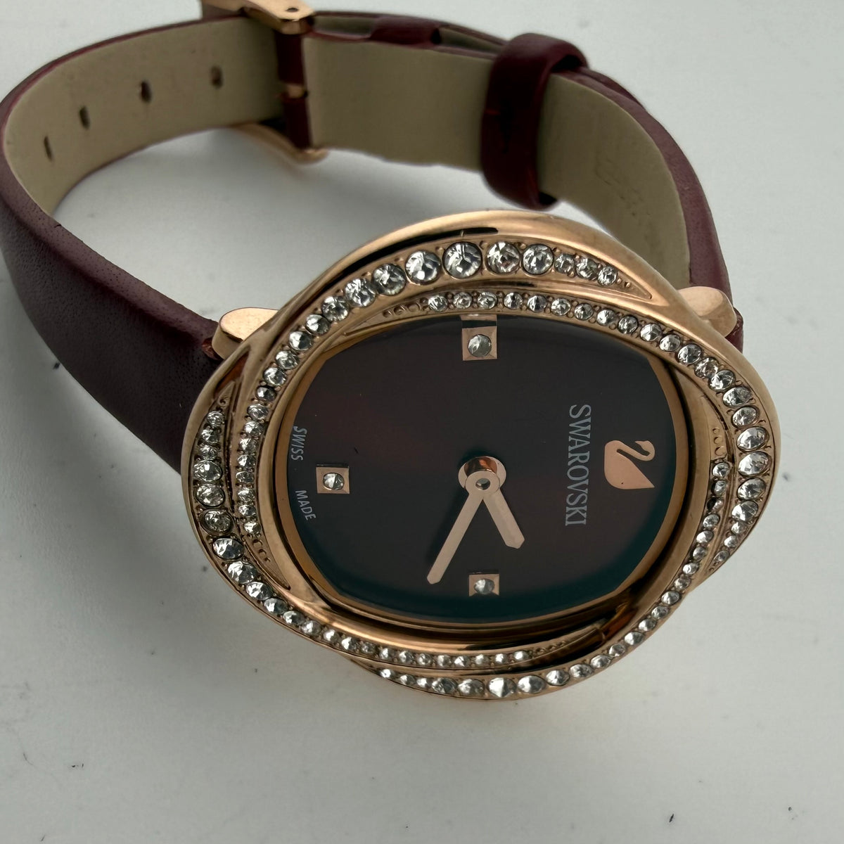 Swarovski Ladies Swiss Made Crystal Rose Gold Red Leather Watch Fully Tested and Working- £130.00