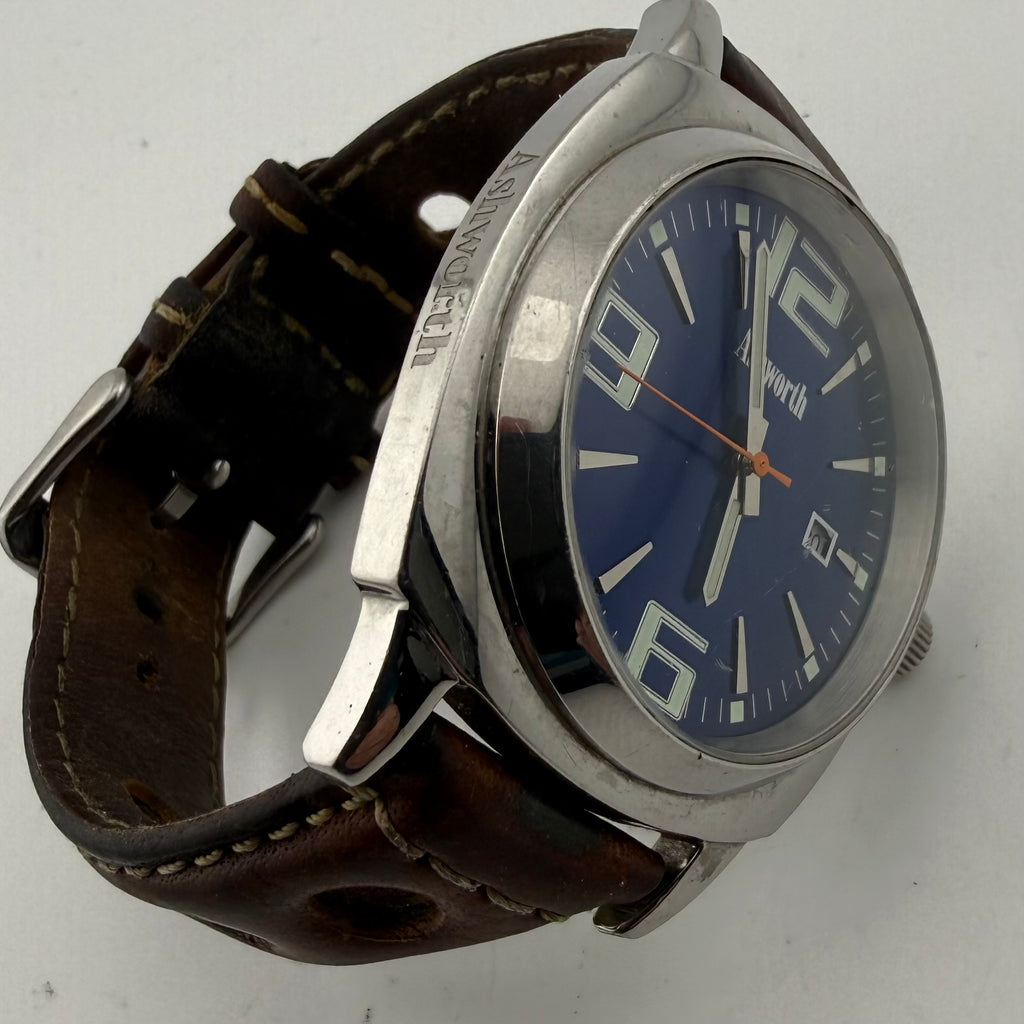 Ashworth Retro Style Blue Dial Quartz Watch 47mm Leather Strap (Fully Tested and working)- £30.00