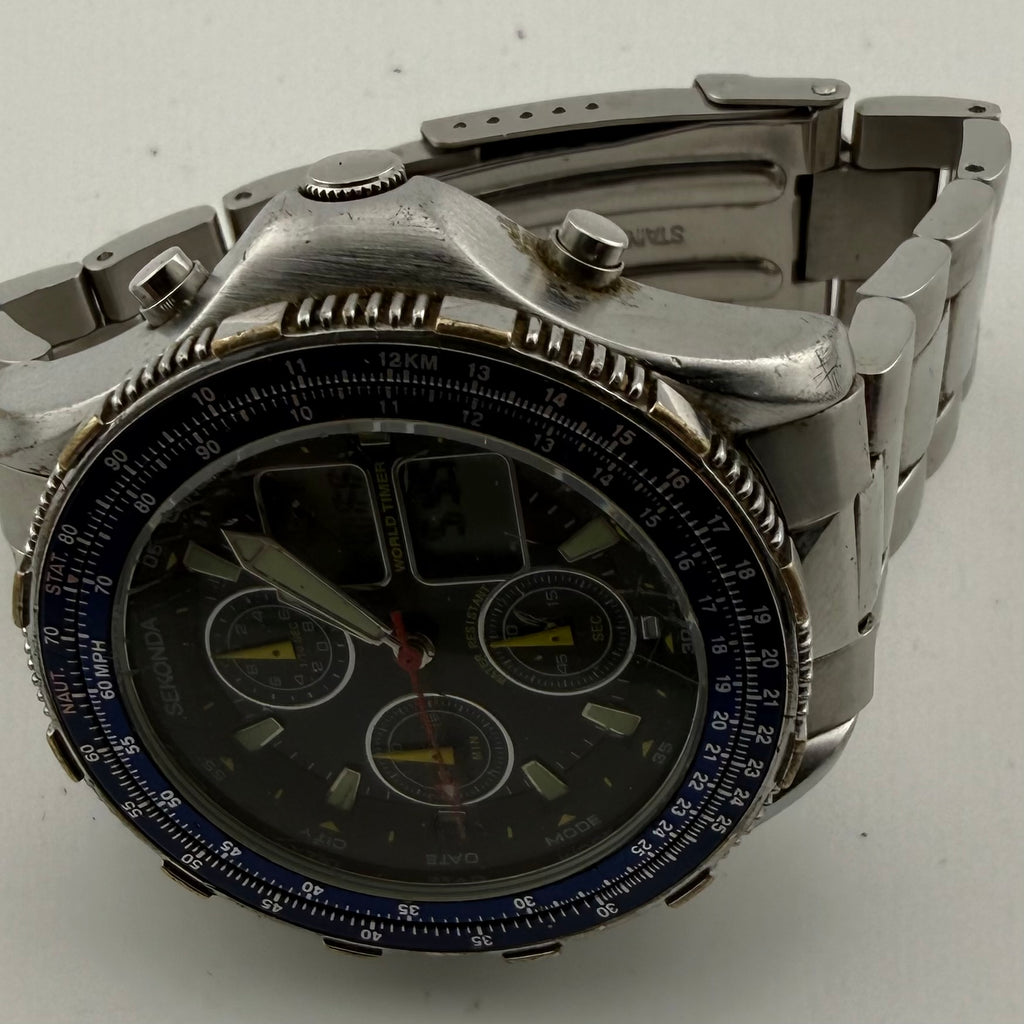SEKONDA 3850 BKT World Timer Ana-Digi Chronograph Watch 46mm (Fully Tested and working)- £110.00