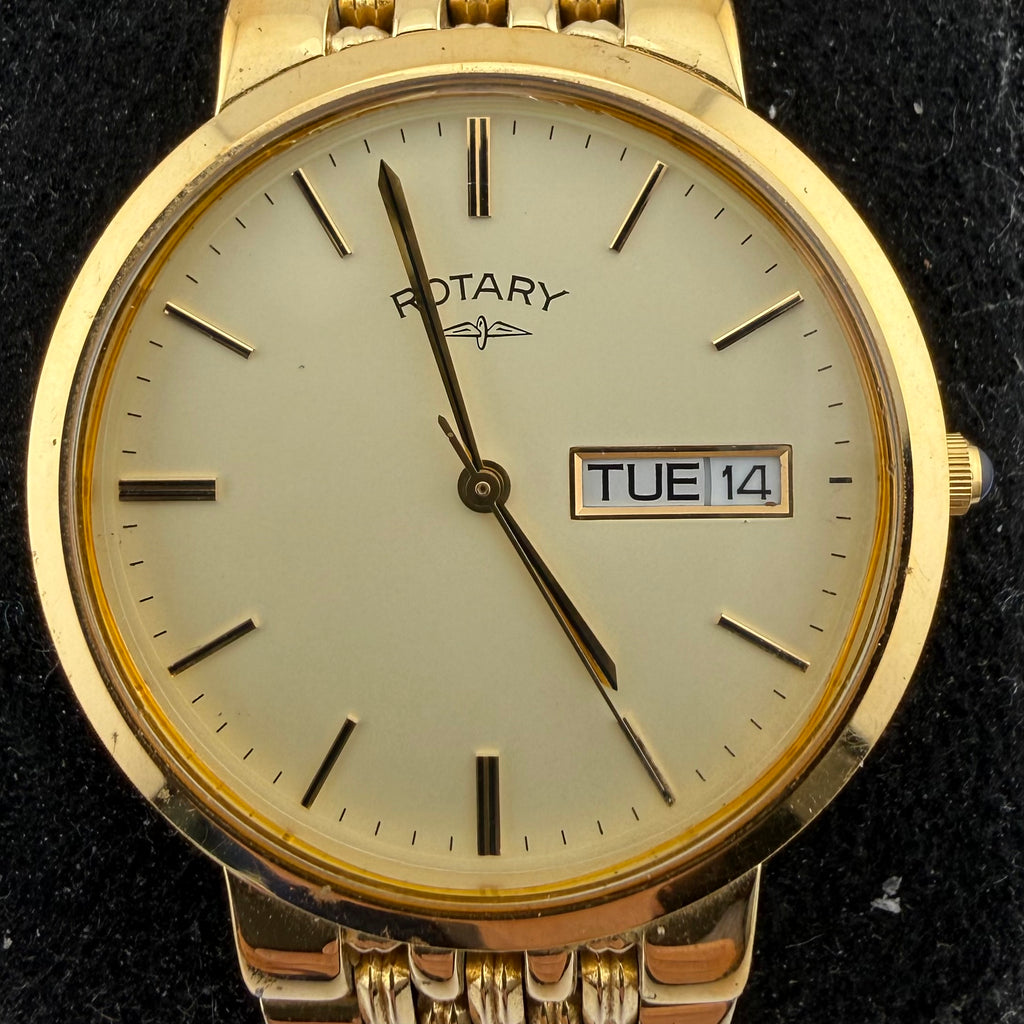 Rotary Gents Gold Plated Day Date Quartz Bracelet Watch G692 Fully Tested and Working- £35.00