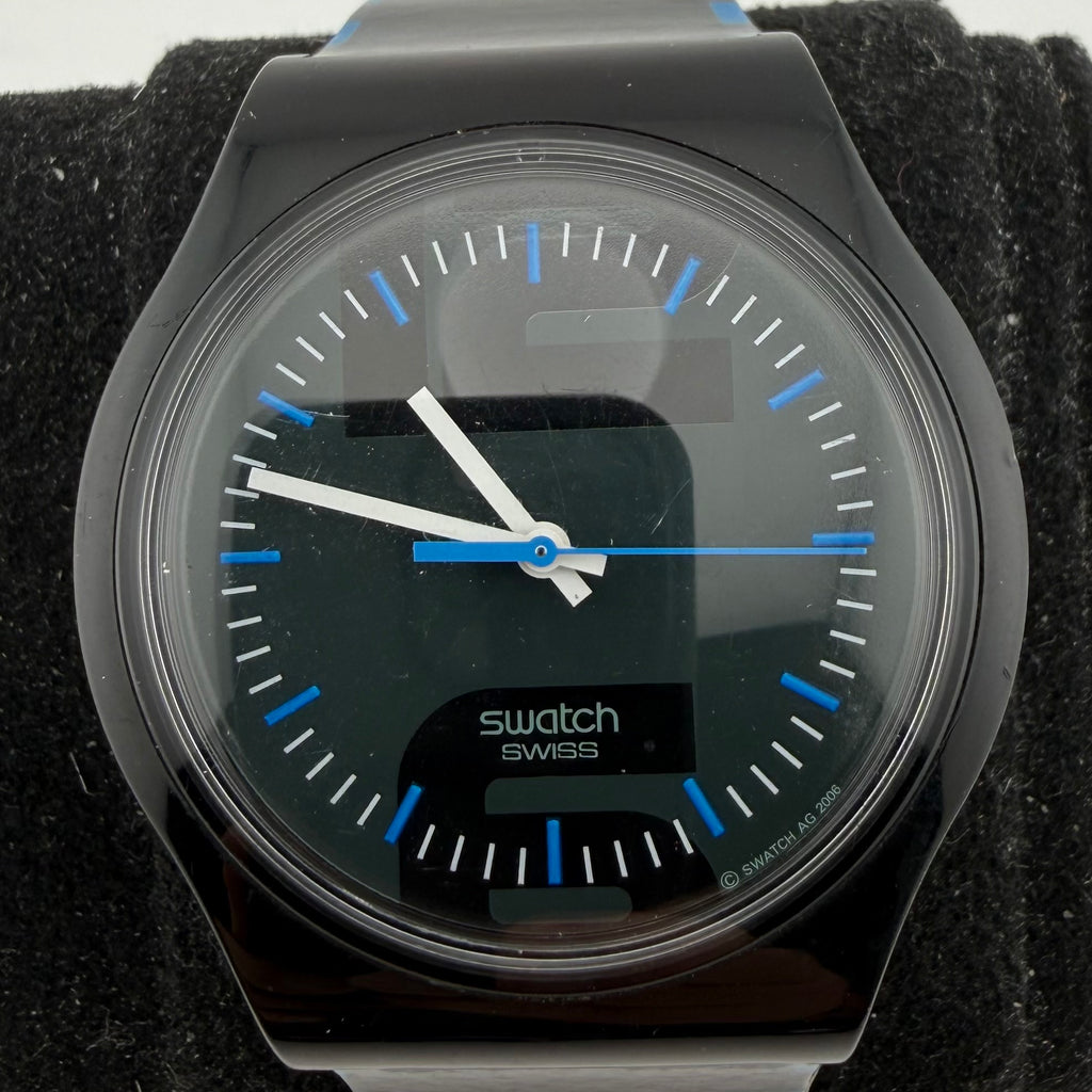 Swatch Swiss Black Blue Dial Silicone Strap Quartz Watch 38mm 2008 Fully Tested and Working-£15.00