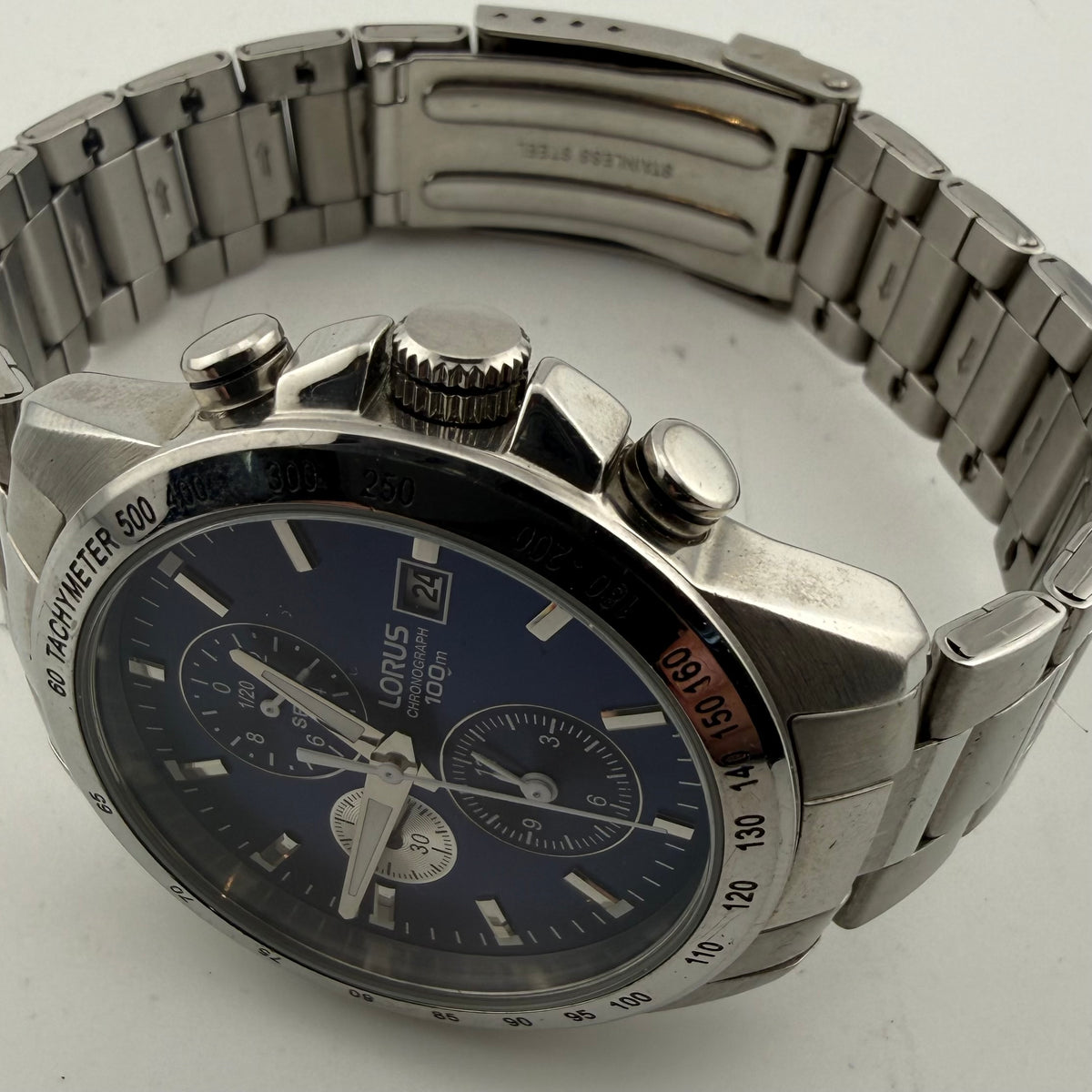Lorus Gents Blue Dial Quartz Chronograph 100M Tachymeter Bracelet Watch Fully Tested and Working- £45.00