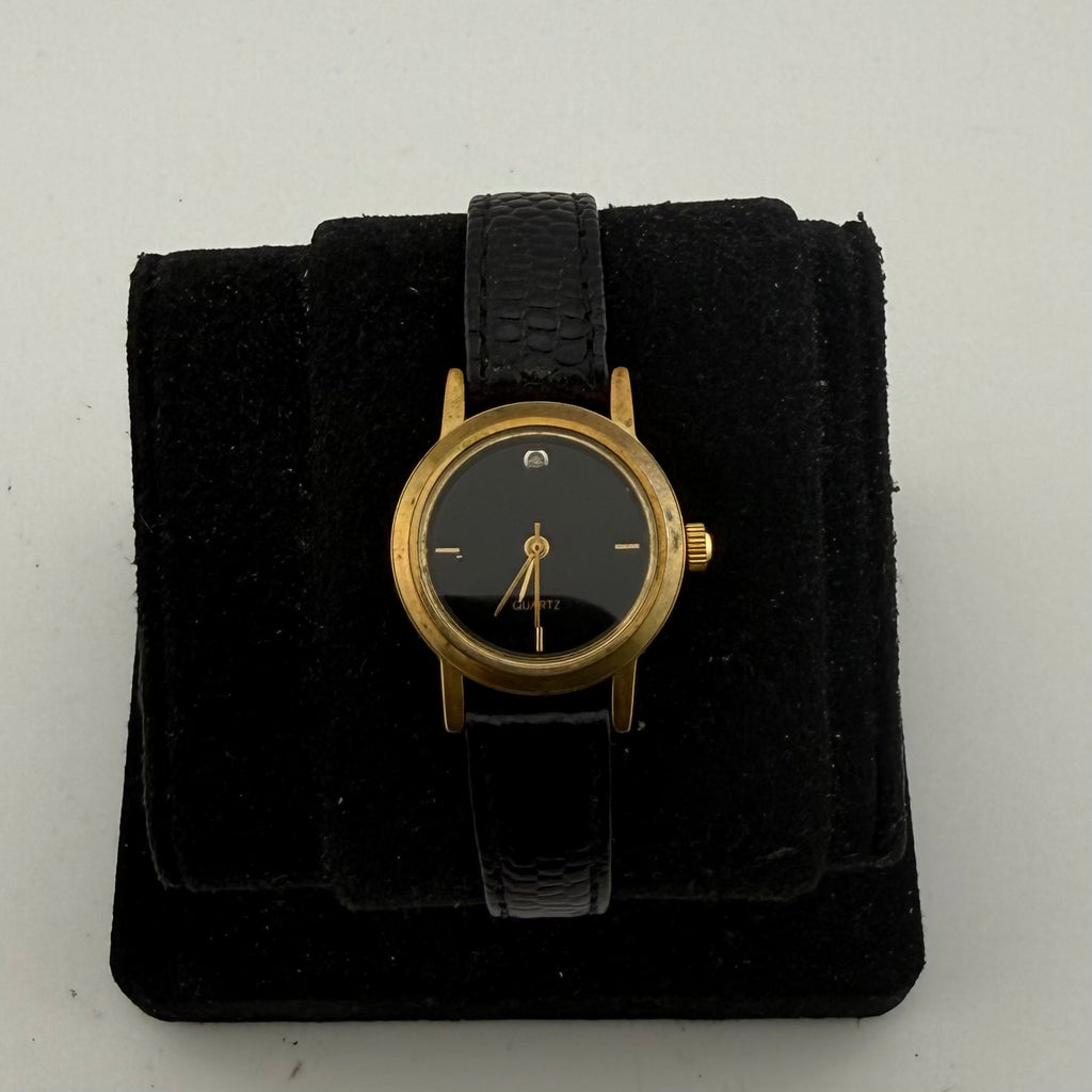 SKC Ladies Gold Tone Quartz Watch Black Dial Stone Set Fully Tested and Working- £10.00