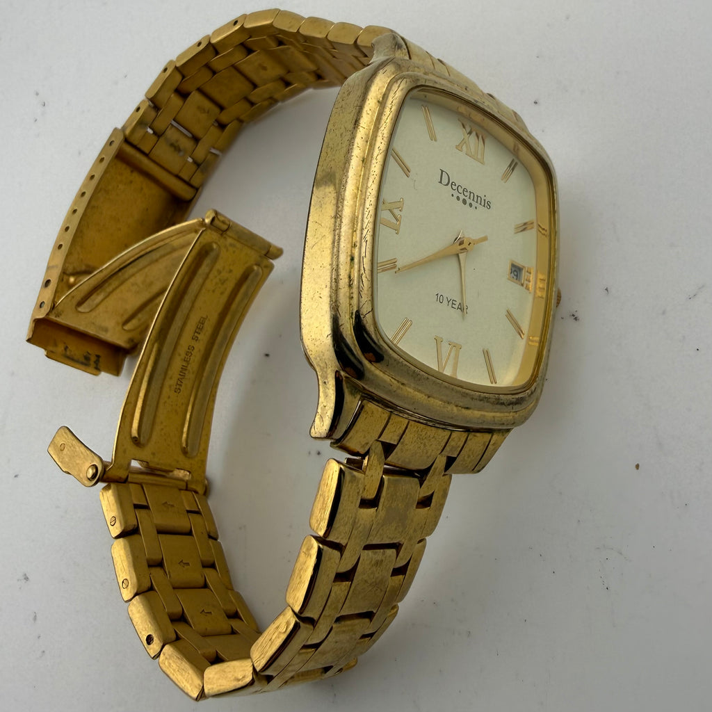 Decennis Gold Tone Quartz Date Watch Roman Dial 45mm New 10 Year Battery0 £20.00