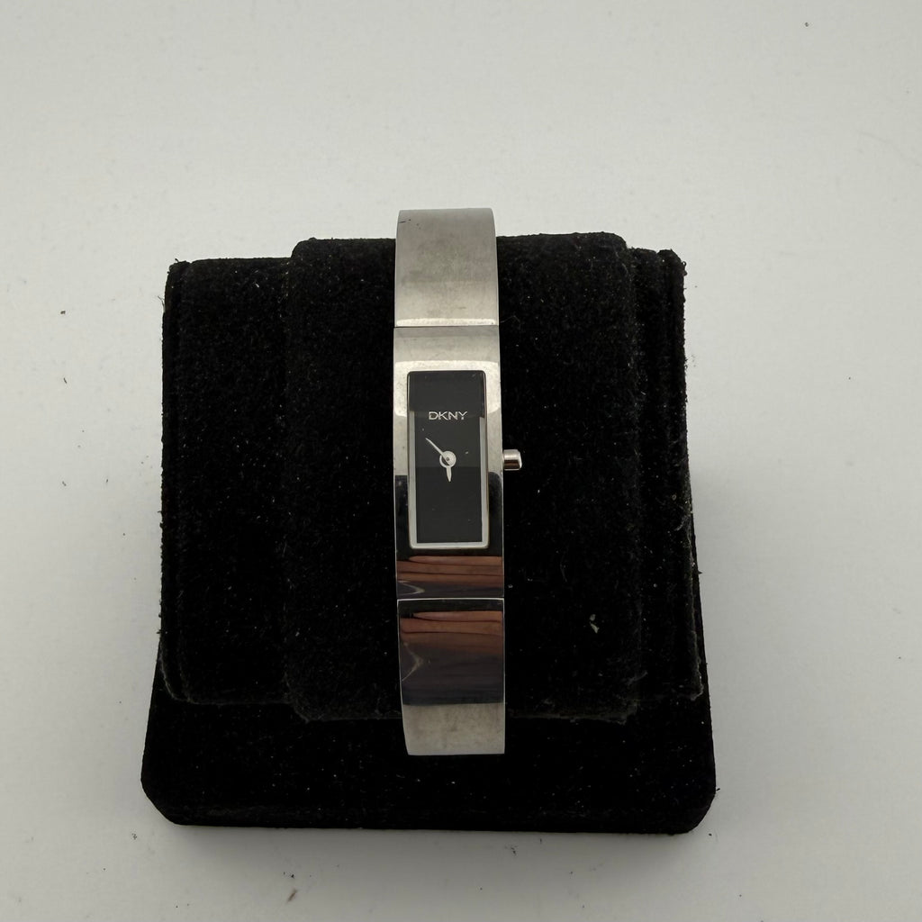 DKNY Ladies Silver Tone Black Dial Bangle Bracelet Quartz Watch Fully Tested and Working- £20.00