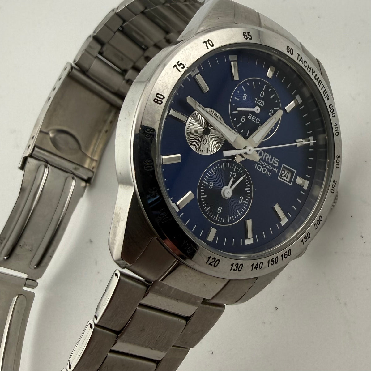 Lorus Gents Blue Dial Quartz Chronograph 100M Tachymeter Bracelet Watch Fully Tested and Working- £45.00