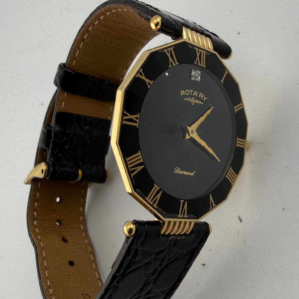 Vintage Rotary Diamond Black Dial Gold Tone Quartz Watch Fully Tested and Working- £40.00