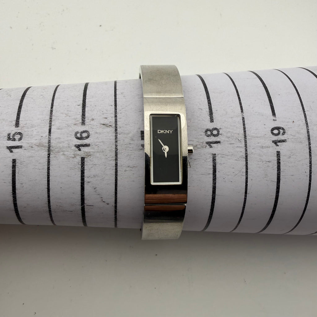 DKNY Ladies Silver Tone Black Dial Bangle Bracelet Quartz Watch Fully Tested and Working- £20.00
