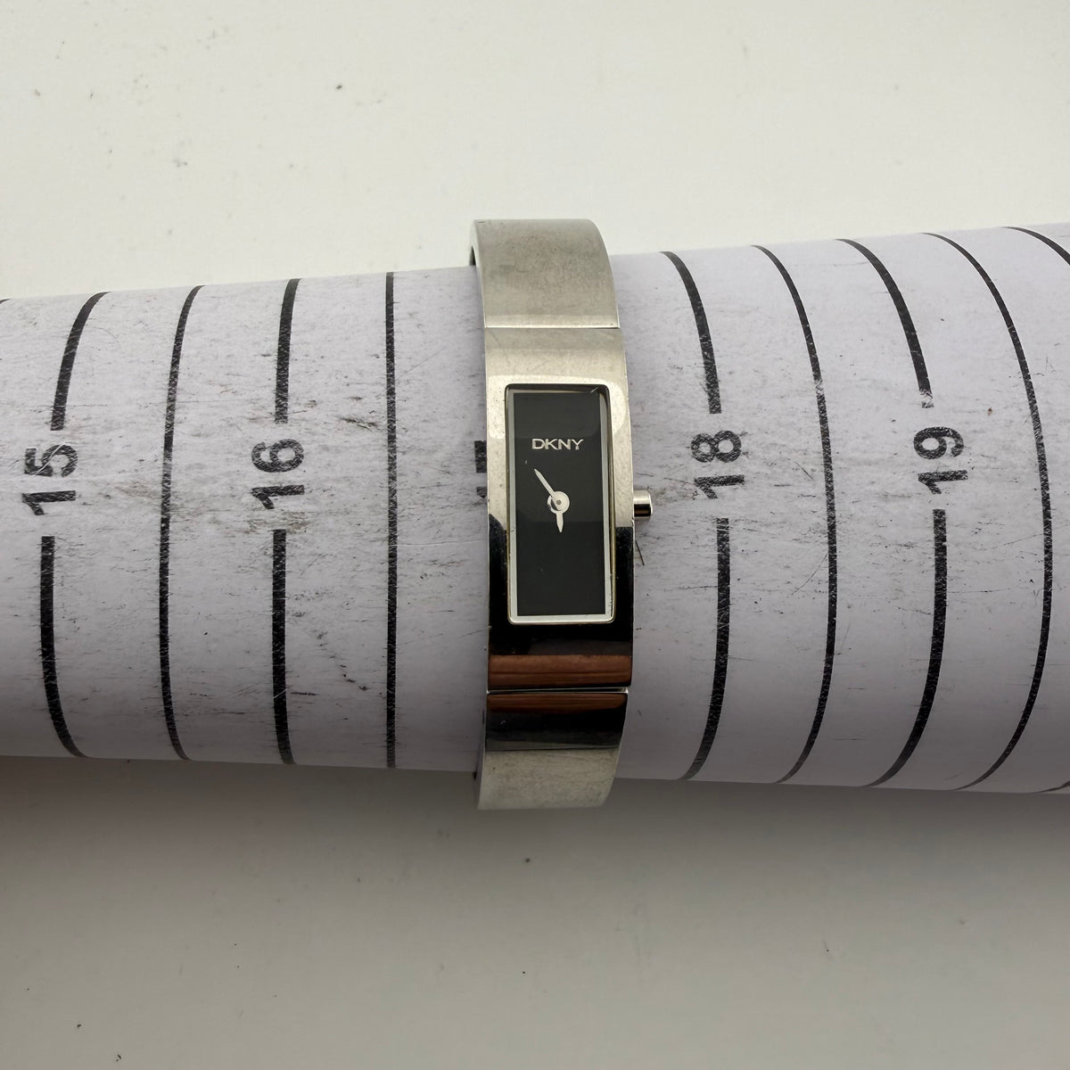 DKNY Ladies Silver Tone Black Dial Bangle Bracelet Quartz Watch Fully Tested and Working- £20.00