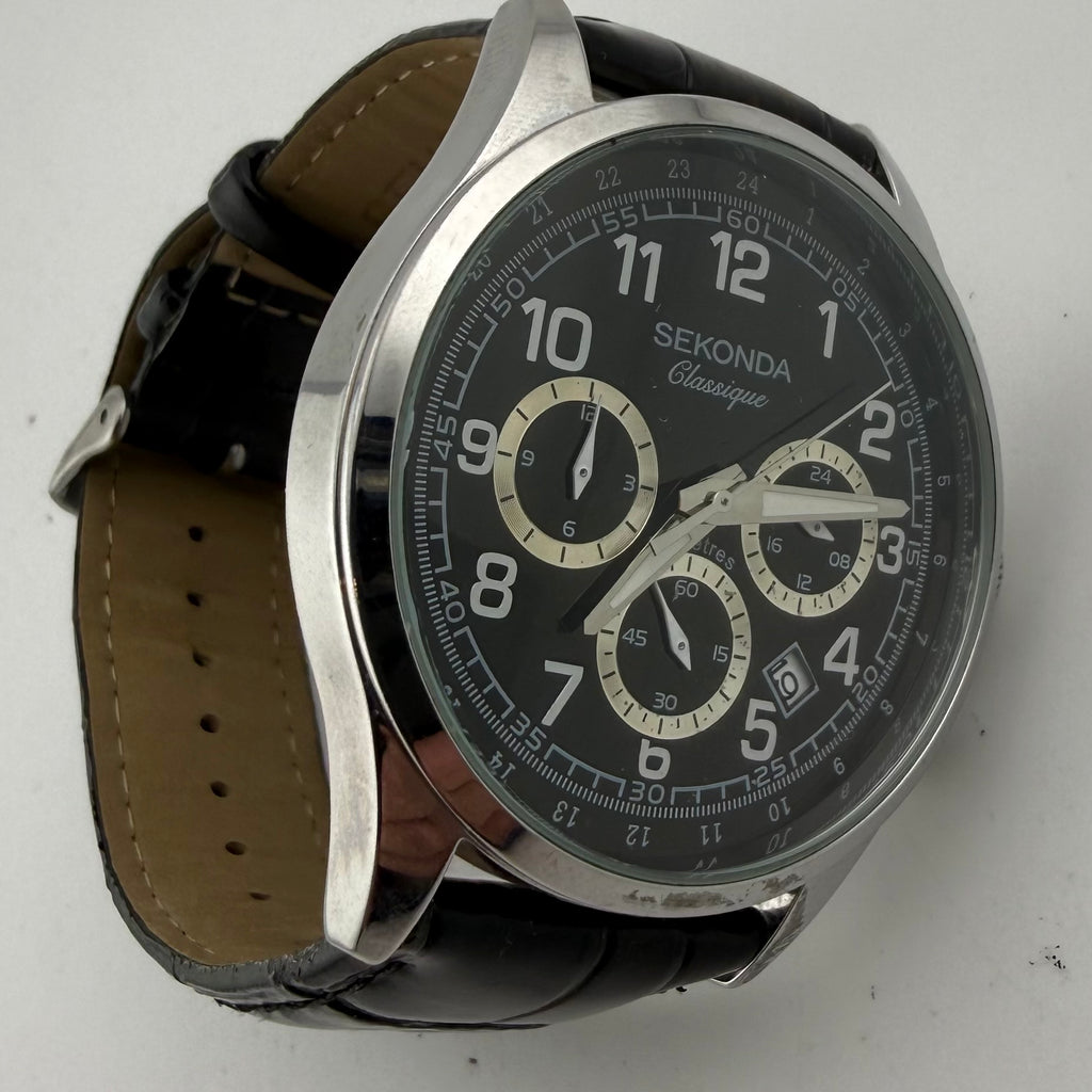 Sekonda Classique 1479 Gents Chronograph Black Dial Leather Watch Fully Tested and Working- £40.00