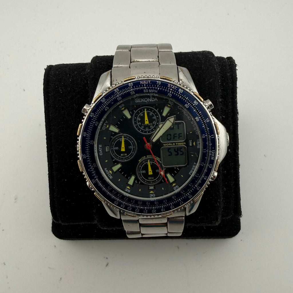 SEKONDA 3850 BKT World Timer Ana-Digi Chronograph Watch 46mm (Fully Tested and working)- £110.00