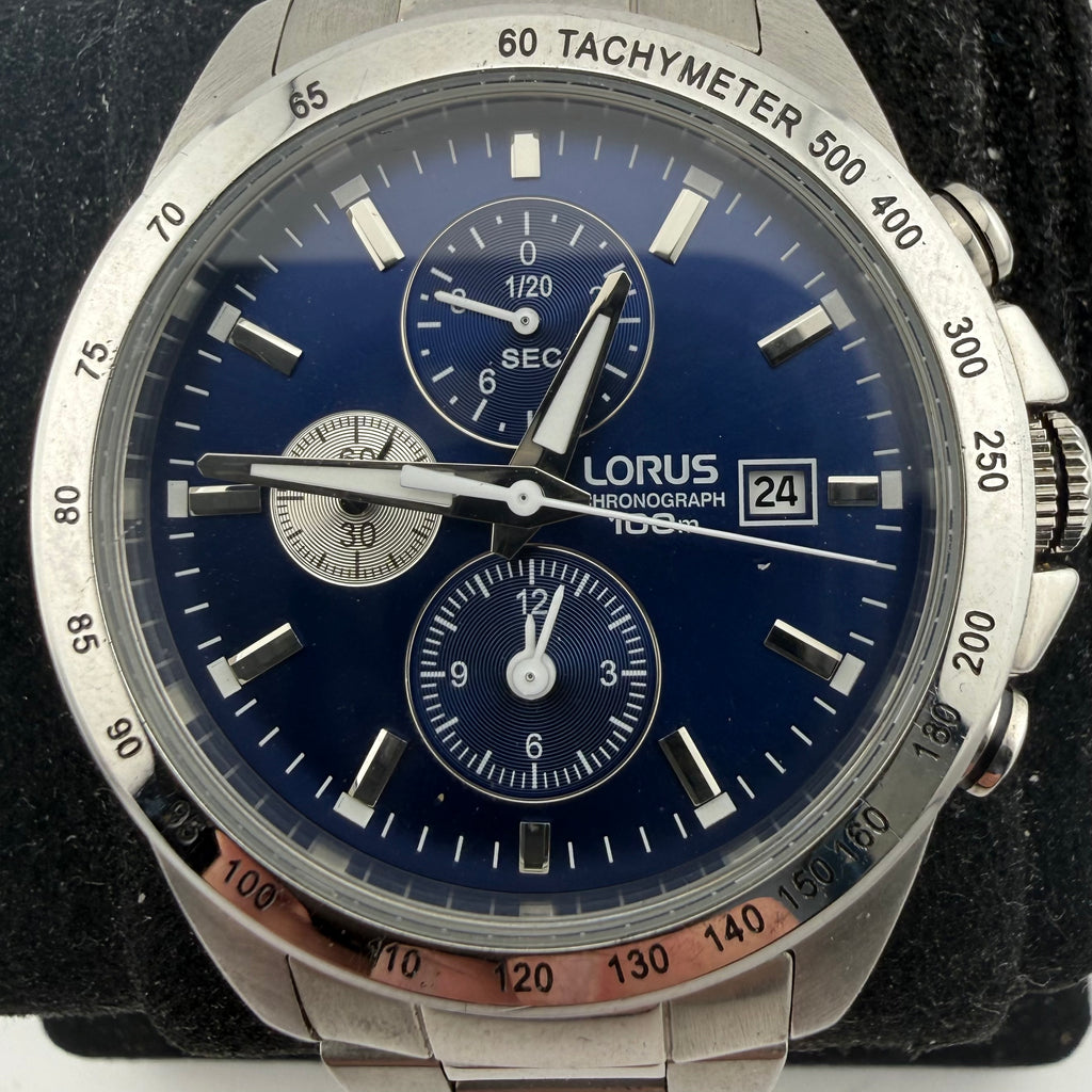 Lorus Gents Blue Dial Quartz Chronograph 100M Tachymeter Bracelet Watch Fully Tested and Working- £45.00