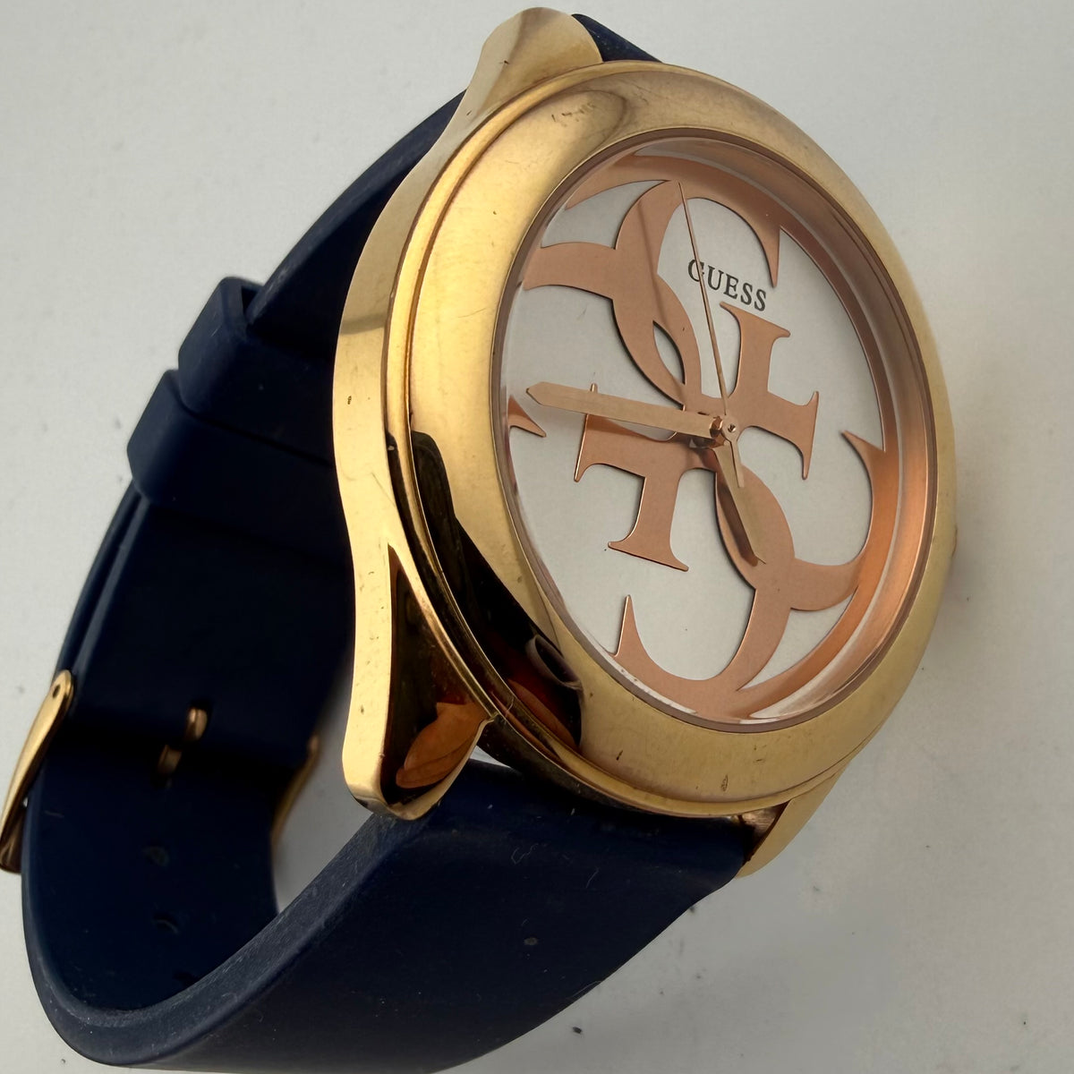 Guess G-Twist W0911L6 Ladies Rose Gold Tone Logo Watch Blue Silicone Strap- £45.00