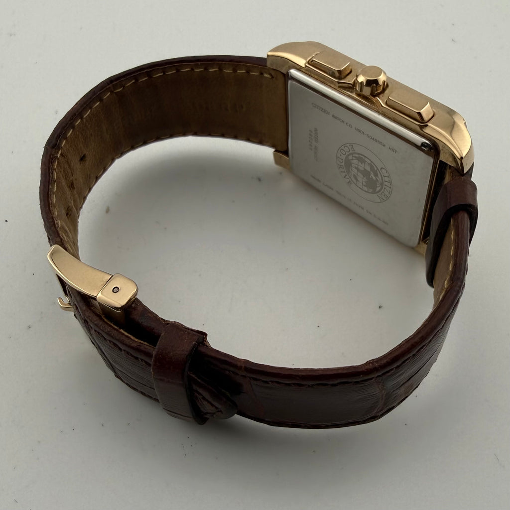Citizen Eco-Drive H501-S077929 Gold Tone Rectangular Chronograph Brown Dial 33mm – Boxed- £120.00