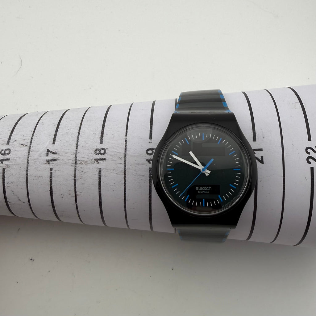 Swatch Swiss Black Blue Dial Silicone Strap Quartz Watch 38mm 2008 Fully Tested and Working-£15.00