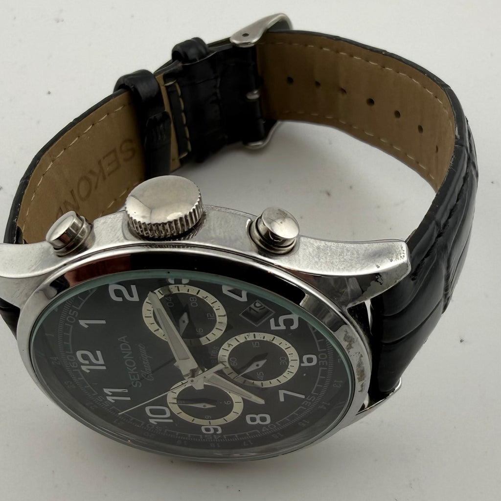 Sekonda Classique 1479 Gents Chronograph Black Dial Leather Watch Fully Tested and Working- £40.00