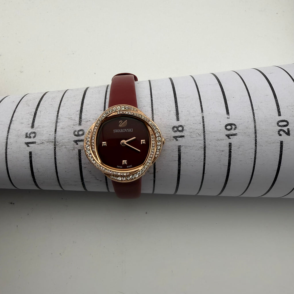Swarovski Ladies Swiss Made Crystal Rose Gold Red Leather Watch Fully Tested and Working- £130.00
