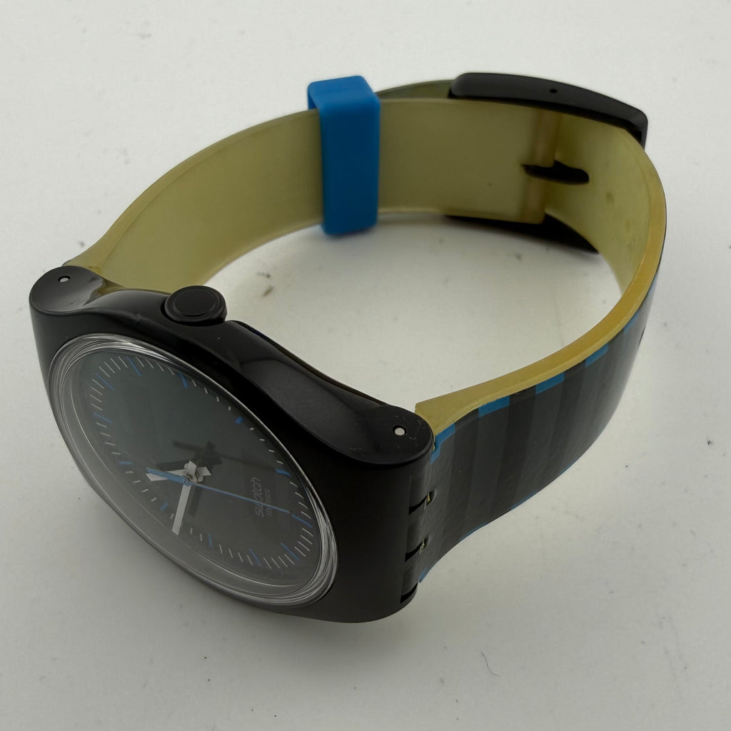 Swatch Swiss Black Blue Dial Silicone Strap Quartz Watch 38mm 2008 Fully Tested and Working-£15.00